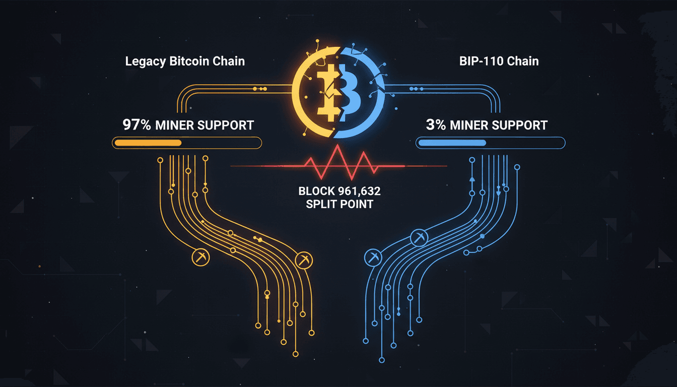 Visual representation of the Bitcoin blockchain split due to BIP-110 activation.