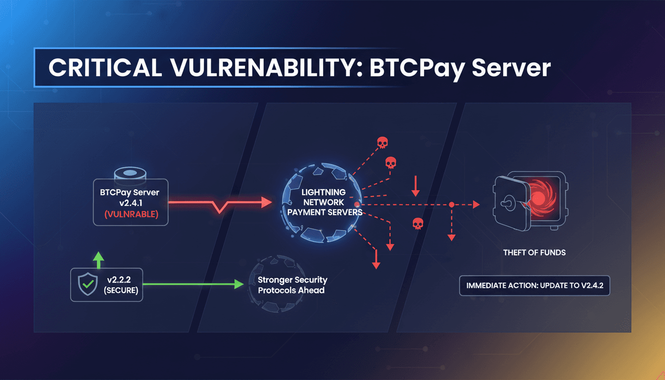 Illustration of a critical vulnerability in BTCPay Server affecting Lightning payment systems.