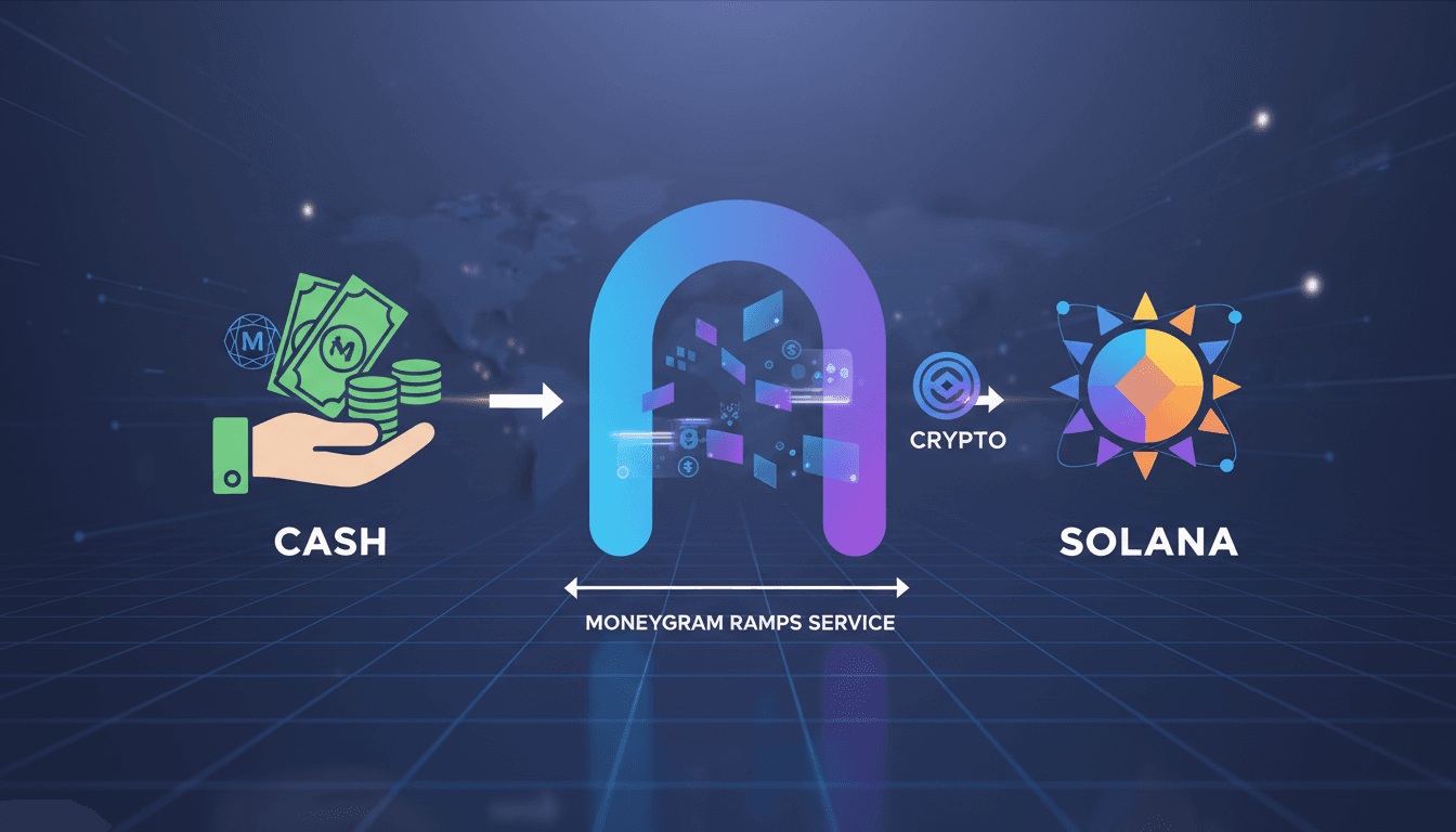 MoneyGram logo with Solana blockchain graphics