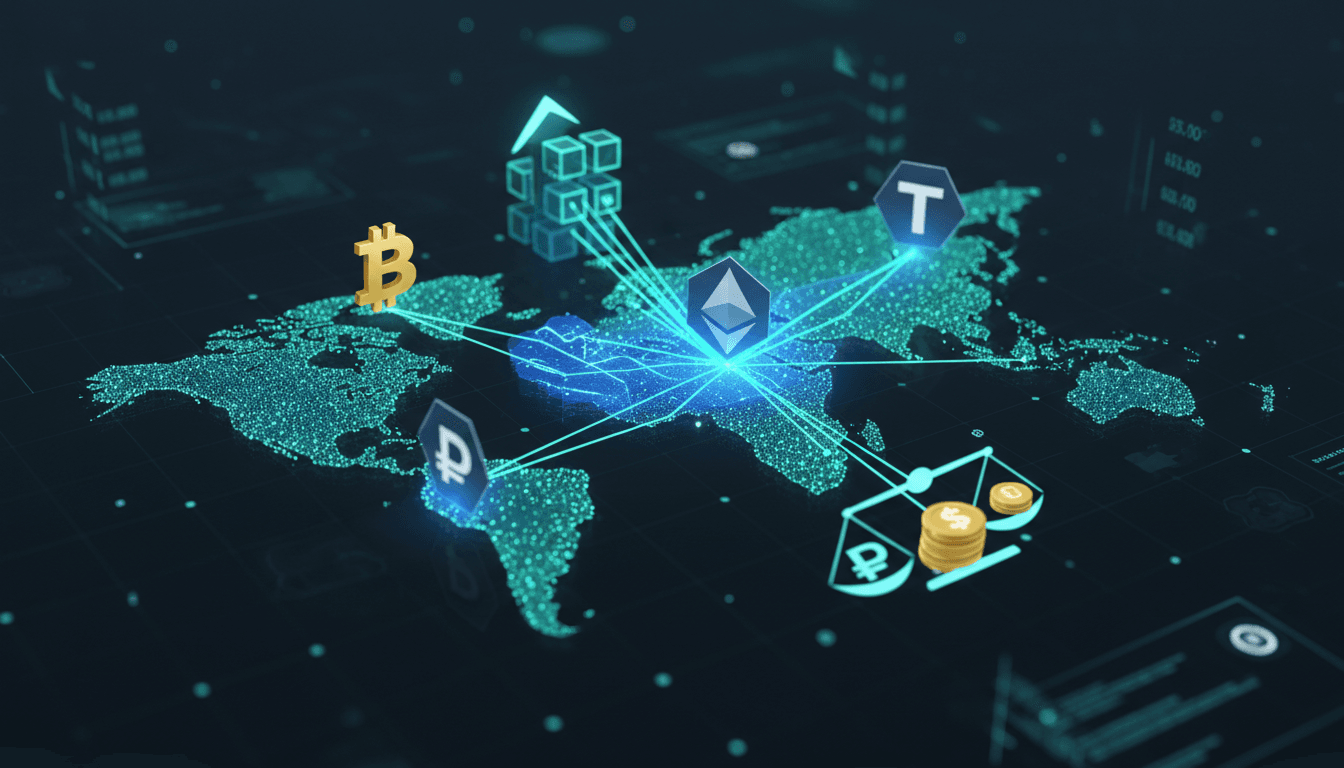 Illustration of Bitcoin, Ether, and USDT with the Bank of Russia logo