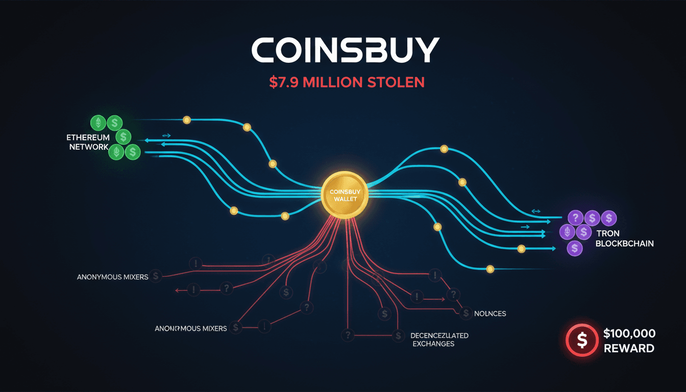 Coinsbuy cryptocurrency exchange logo with a security breach alert
