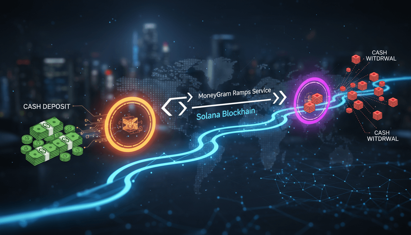 MoneyGram logo with Solana blockchain graphics