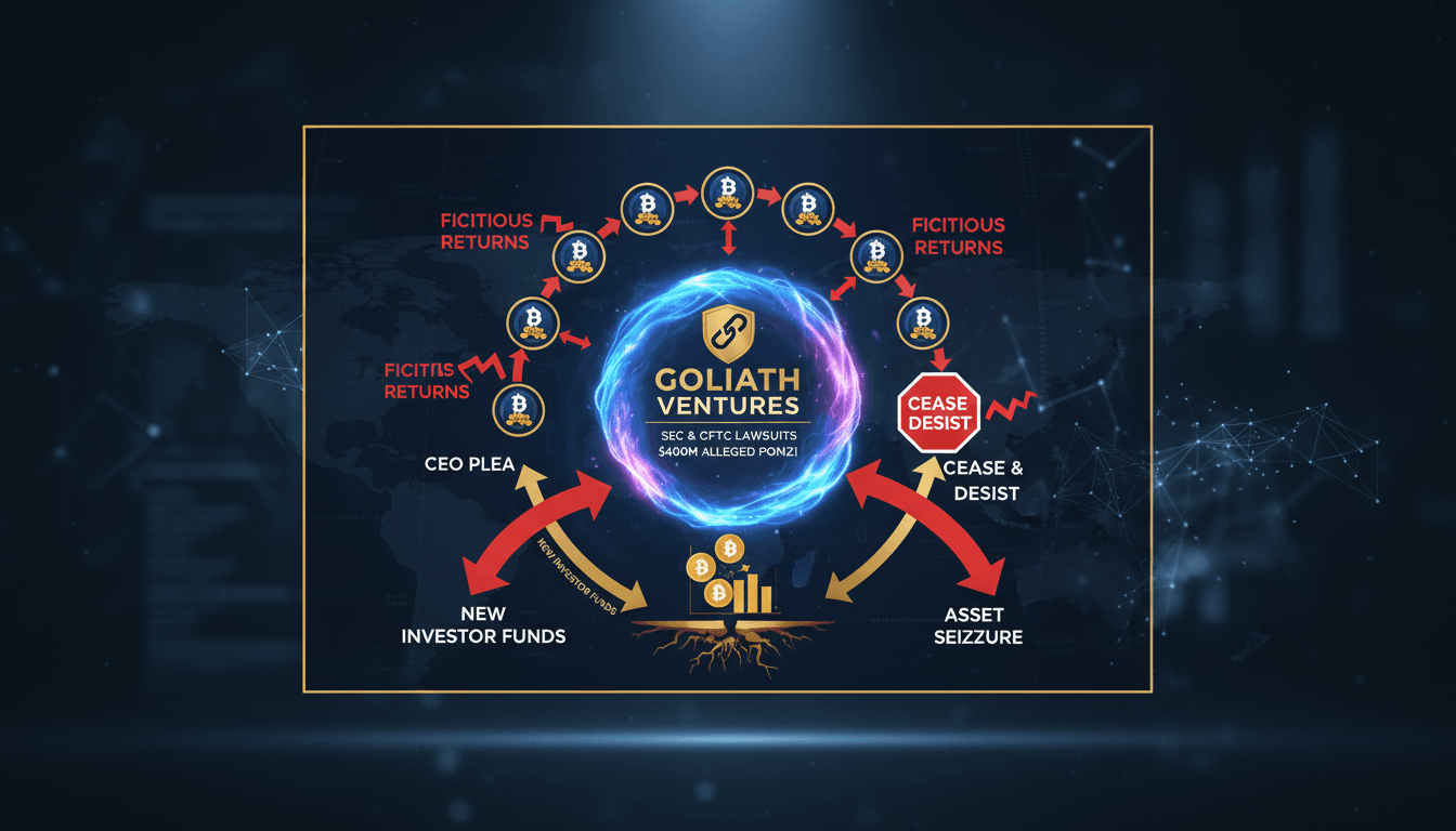 Goliath Ventures logo with a backdrop of cryptocurrency symbols