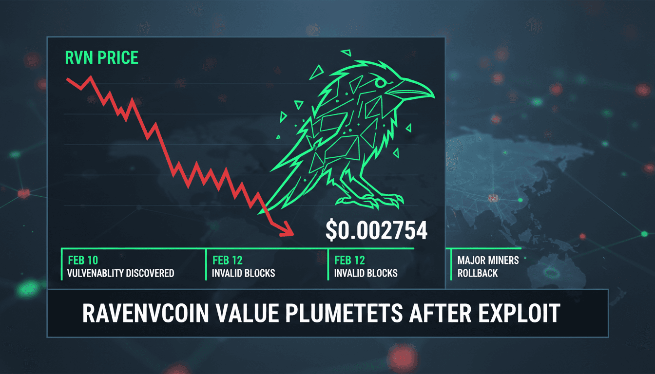 Ravencoin cryptocurrency logo with a downward trend graph