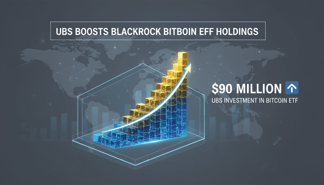 UBS logo with Bitcoin graphics illustrating investment growth
