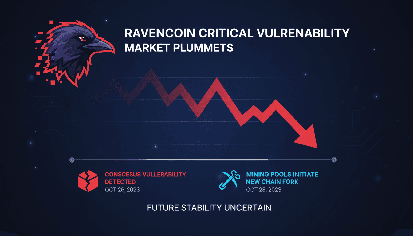 Ravencoin logo with a declining price graph background