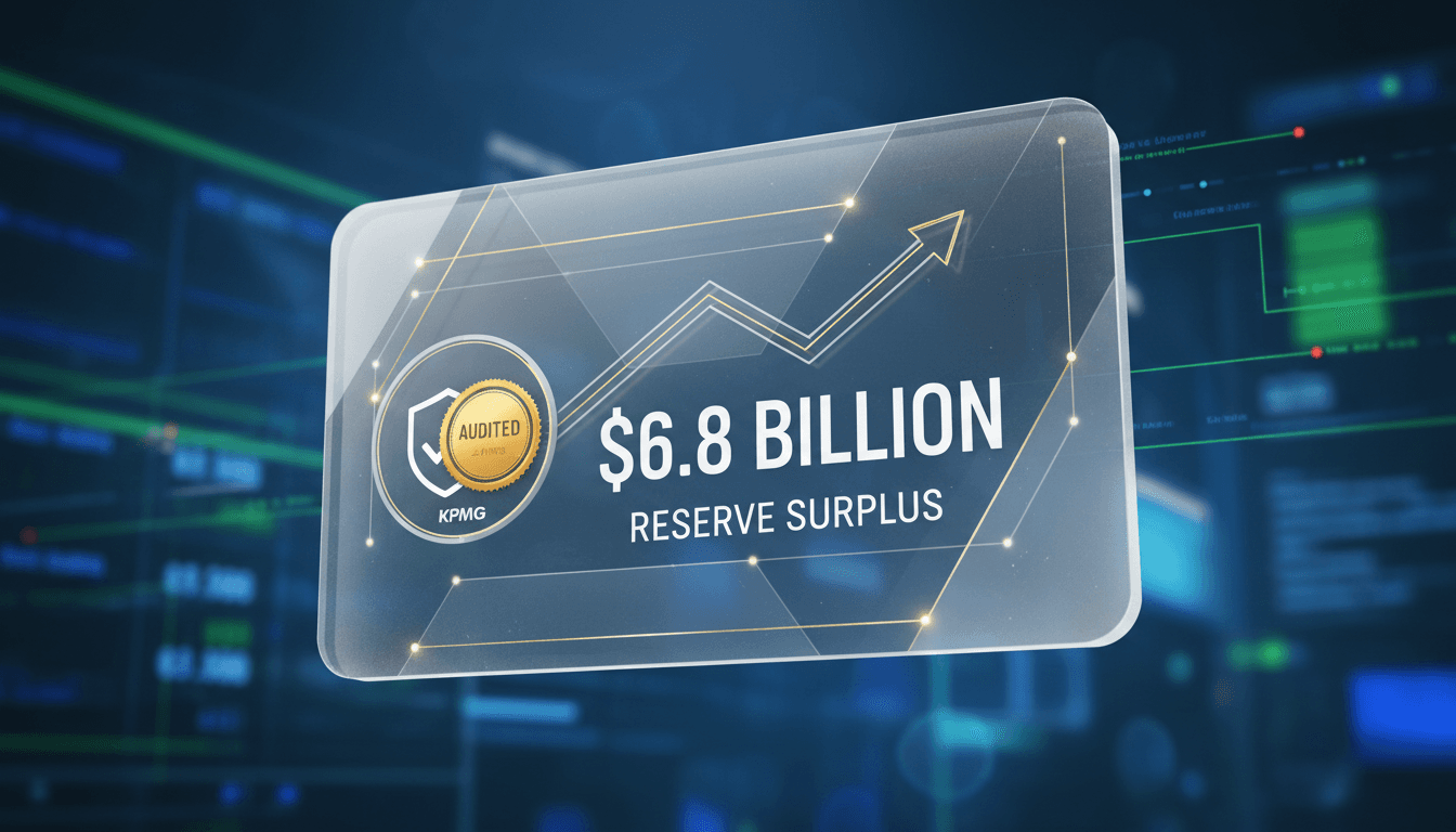 Tether's financial audit results showcasing a $6.8 billion reserve surplus.