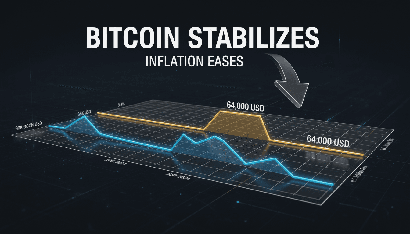 Bitcoin price chart showing stabilization at $64,000 with inflation data.