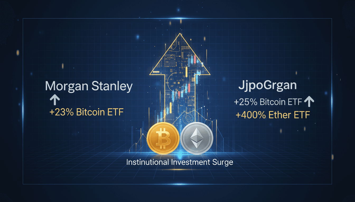 Morgan Stanley and JPMorgan logos with cryptocurrency symbols