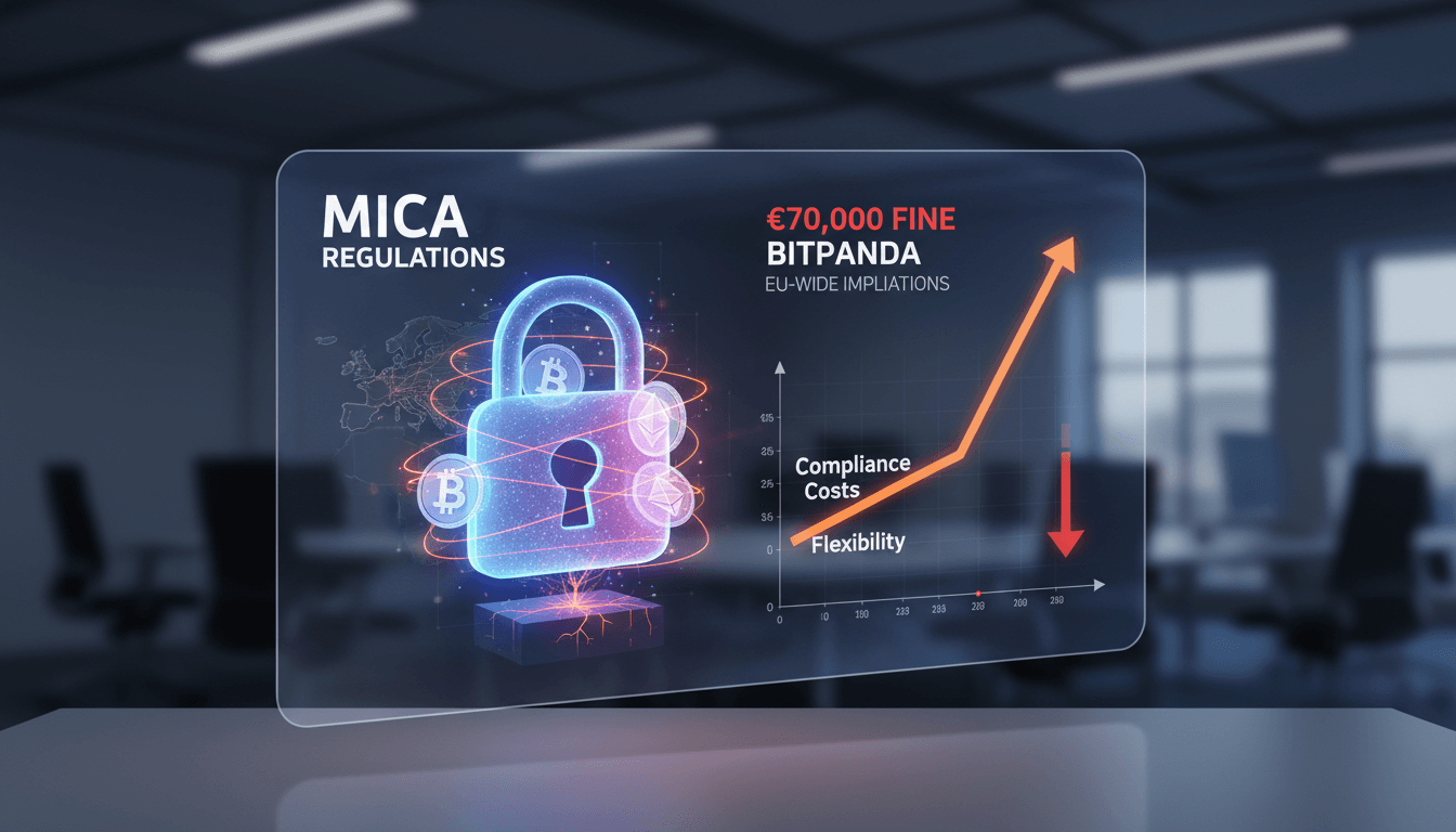 Bitpanda logo with a backdrop of regulatory documents and fines