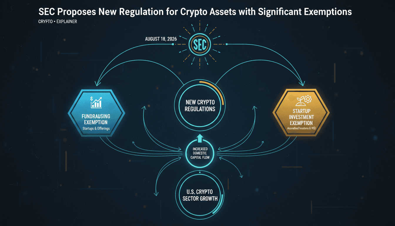 Infographic showing SEC's new crypto assets regulation and fundraising exemptions.