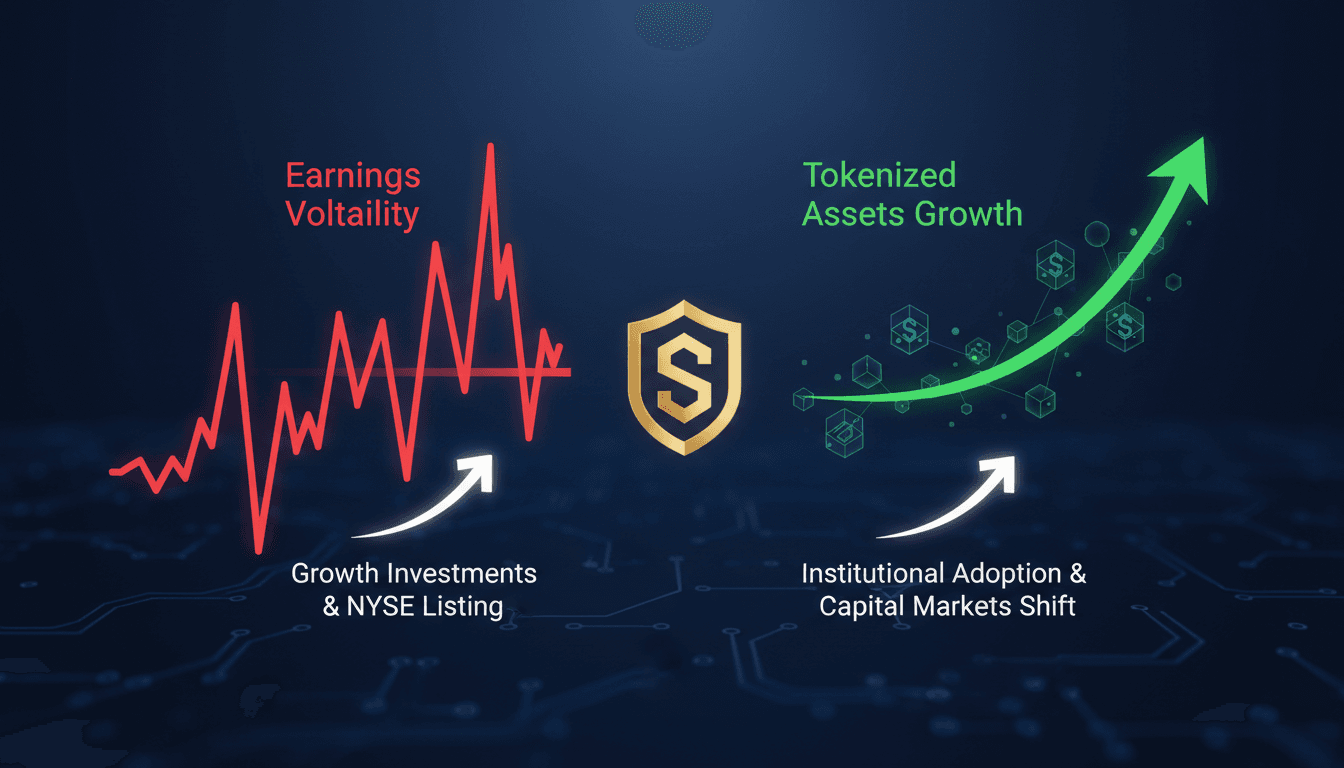 A graphic showing Securitize's earnings volatility and the rise of tokenized assets in finance.