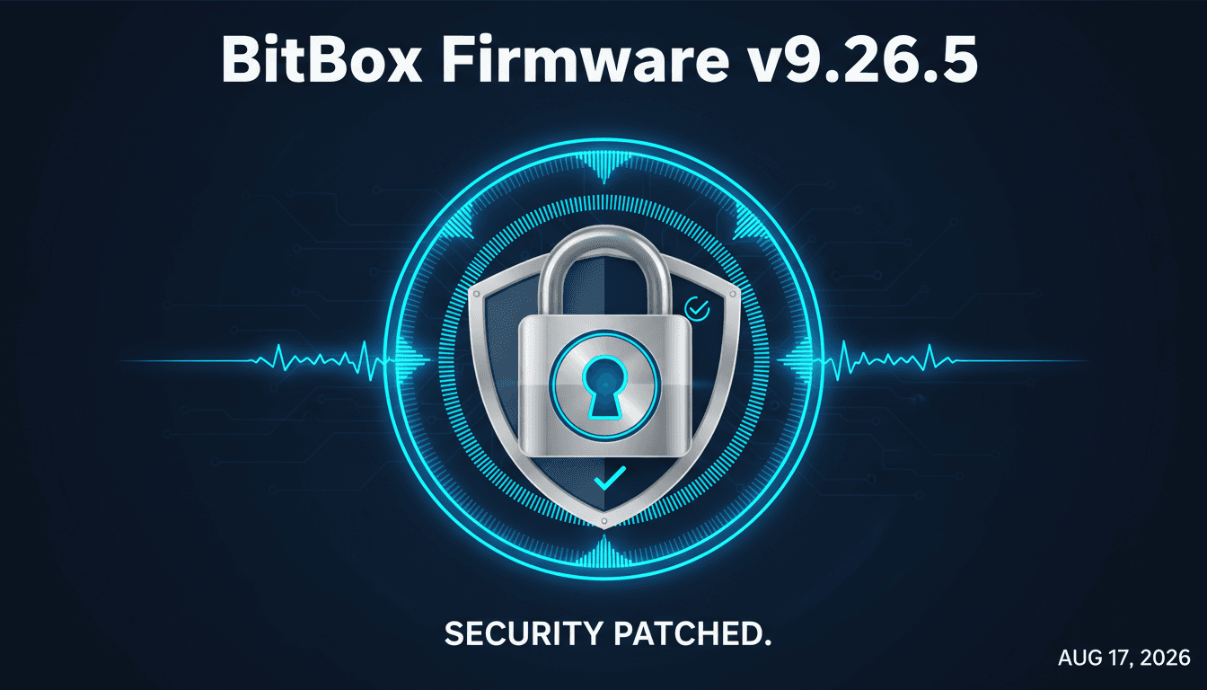 A graphic showing BitBox firmware version 9.26.5 with a lock symbol representing security.