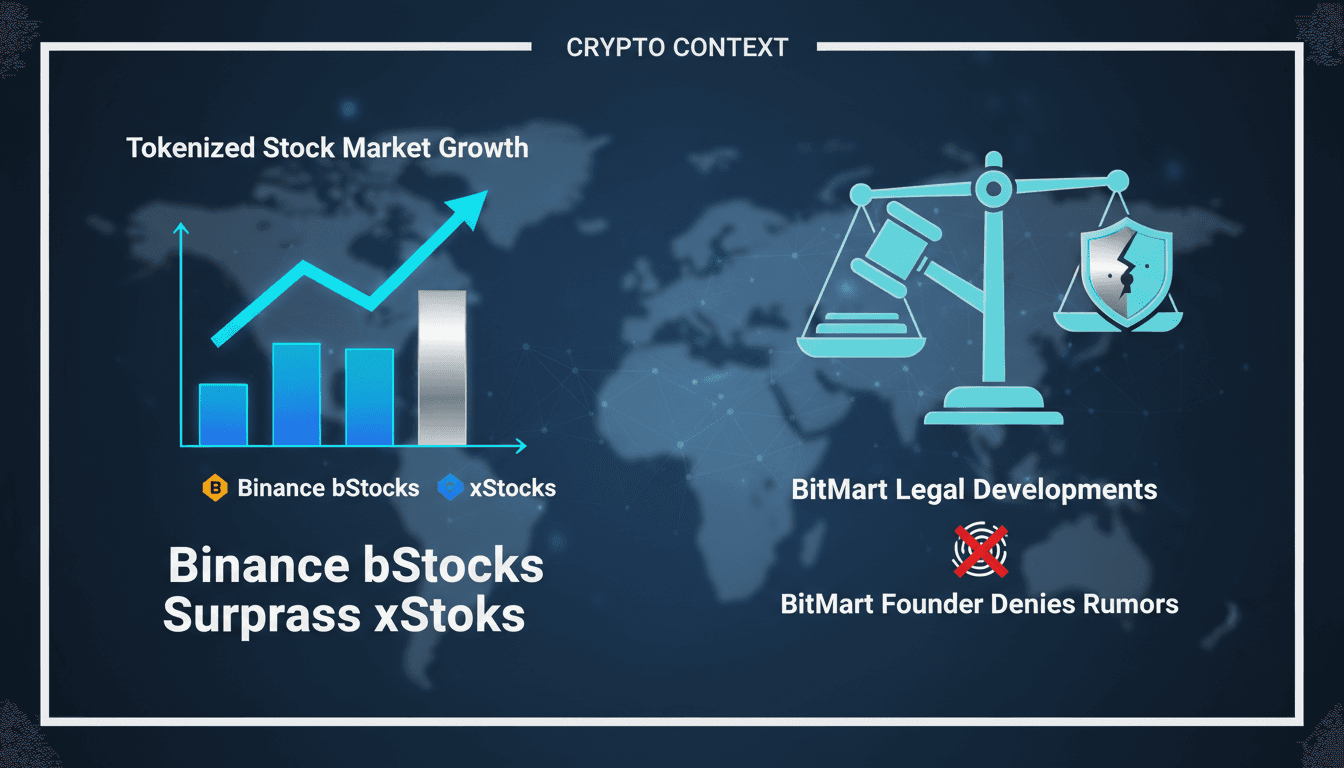 Infographic showing BitMart's legal issues and Binance bStocks' market position in the tokenized stock sector.