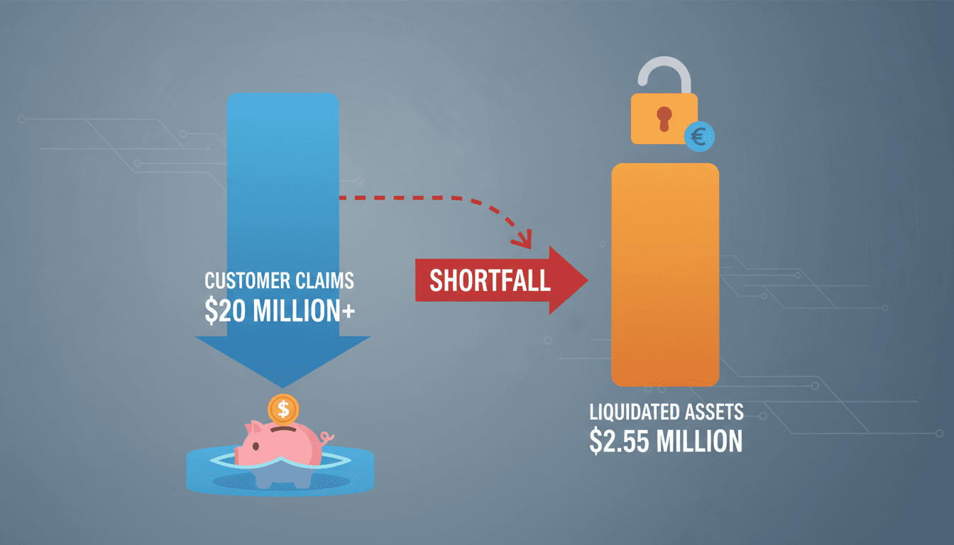 Infographic showing the financial shortfall of Knaken customers after the liquidation of $2.55 million in crypto assets.