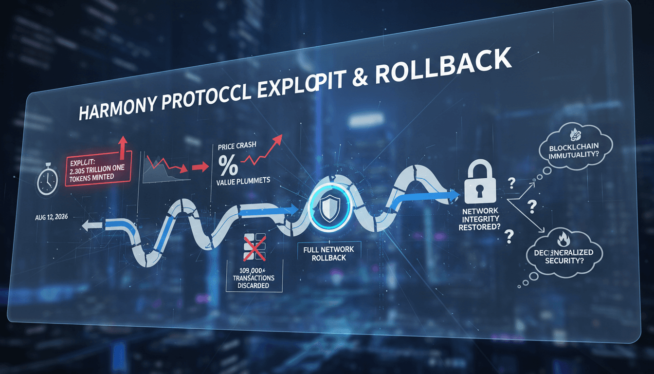 Infographic showing the timeline and impact of the Harmony Protocol token minting exploit and rollback.