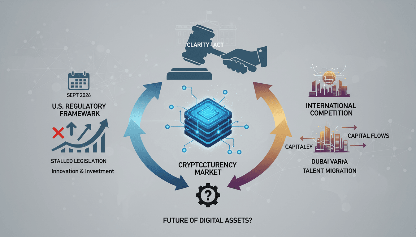 Infographic showing the impact of the Clarity Act on cryptocurrency regulation and market dynamics.