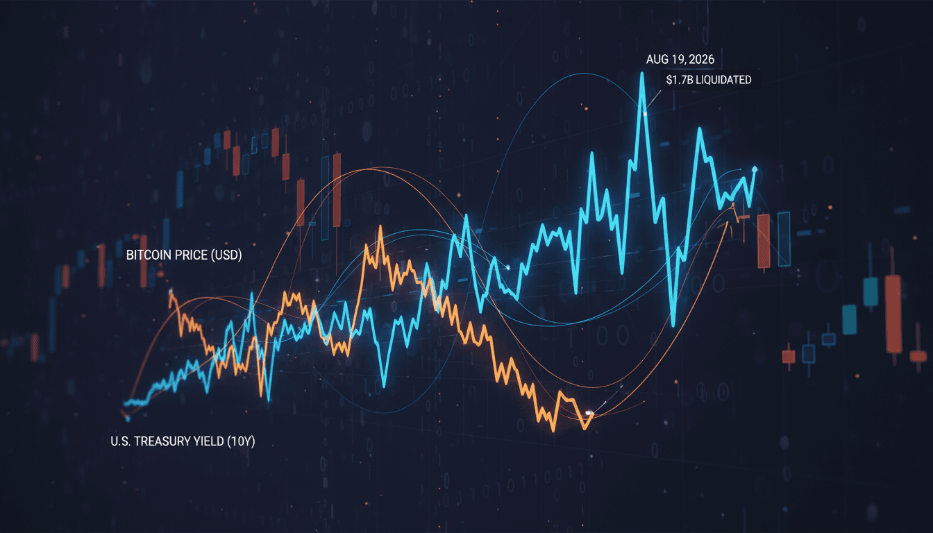 A chart showing Bitcoin's price surge and U.S. Treasury yield movements during the August 2026 short squeeze event.
