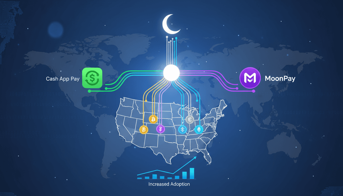 Infographic showing the integration of Cash App Pay with MoonPay, highlighting cryptocurrency accessibility.