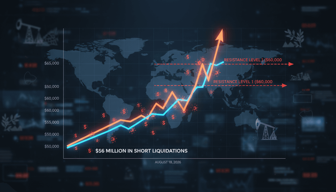A chart showing Bitcoin's price spike to $65,000 and subsequent short liquidations in the cryptocurrency market.