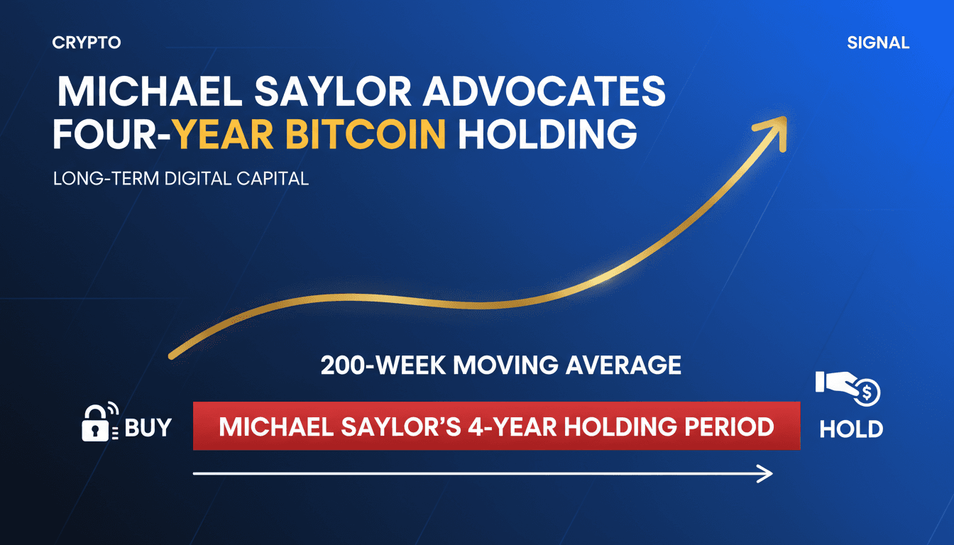 Infographic showing Bitcoin's 200-week moving average and Saylor's investment holding recommendations.
