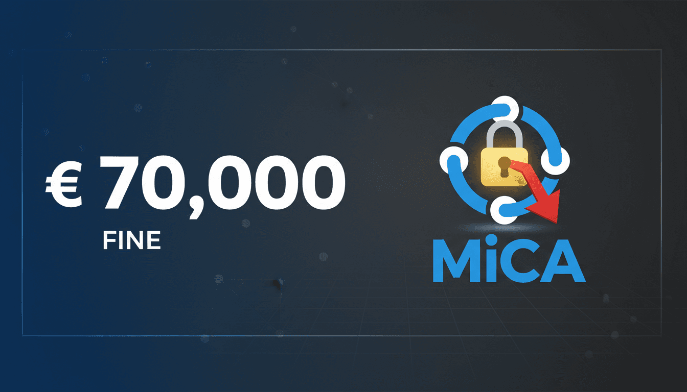 A graphic depicting the €70,000 fine against Bitpanda, highlighting MiCA compliance in the crypto industry.