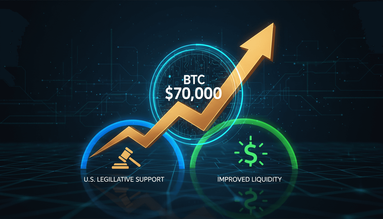 A graphic showing Bitcoin's price surge to $70,000, highlighting key market drivers and investor sentiment.