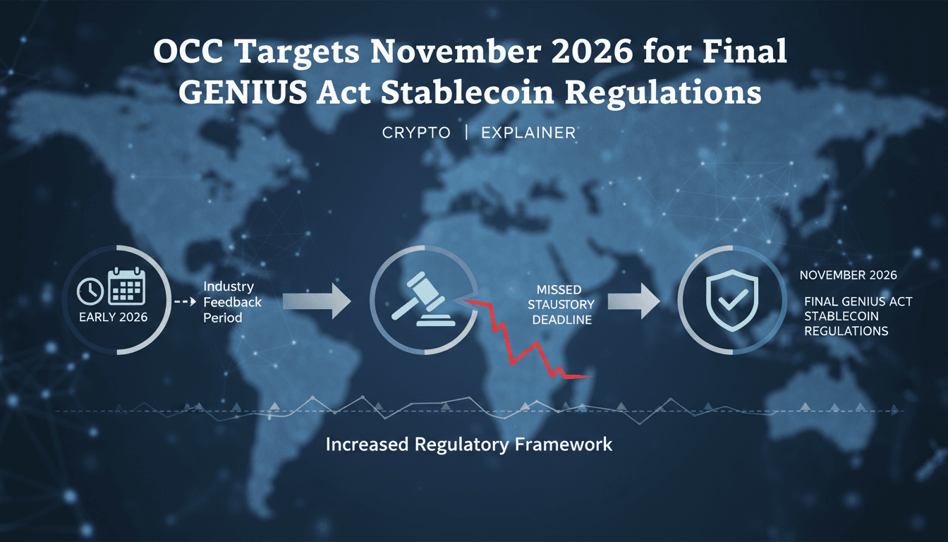 A timeline graphic showing the OCC's target date for stablecoin regulations under the GENIUS Act.