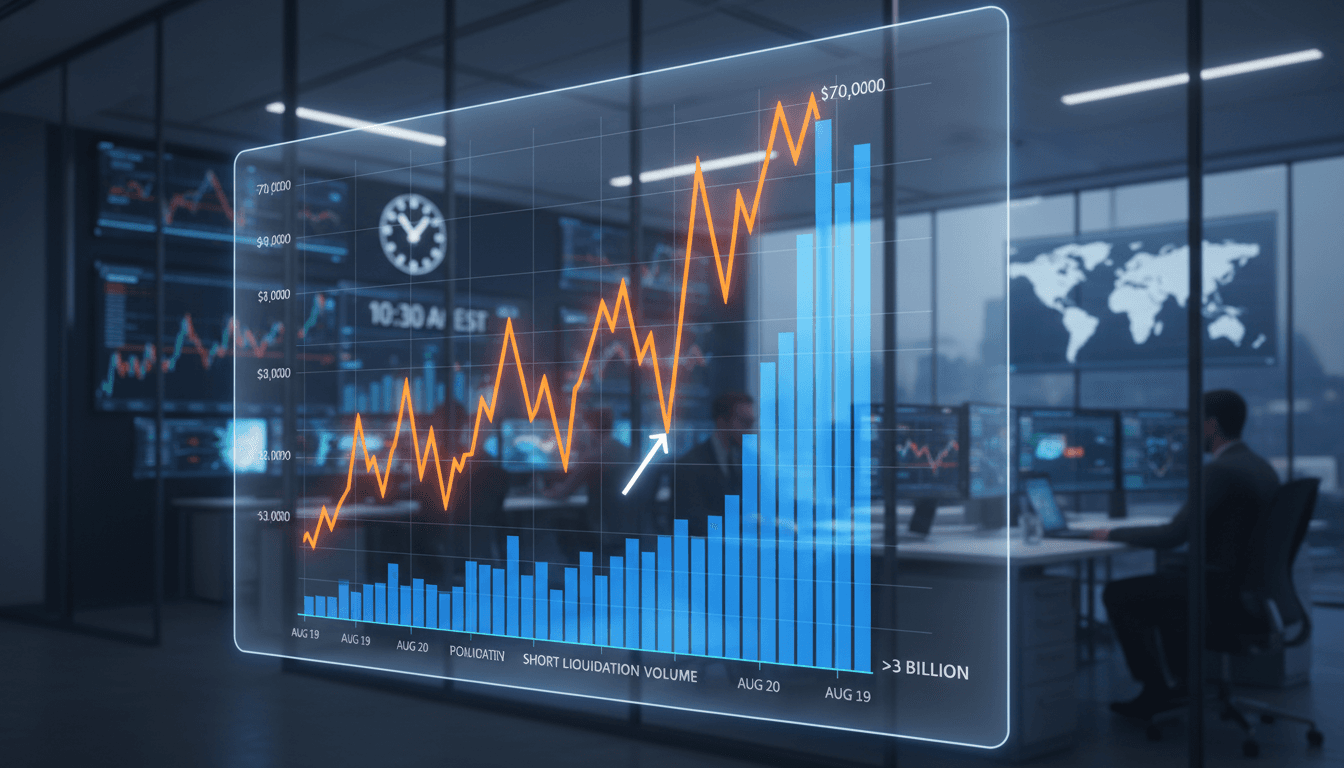 A chart showing Bitcoin's price surge and short liquidation volumes during the August 2026 short squeeze.