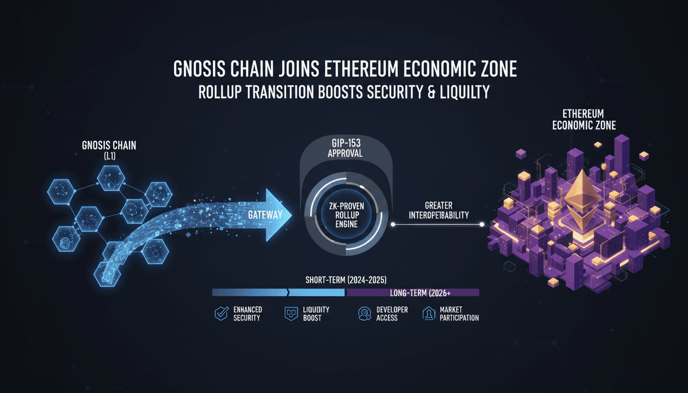 Infographic showing Gnosis Chain's transition to Ethereum Economic Zone rollup with key benefits and timelines.