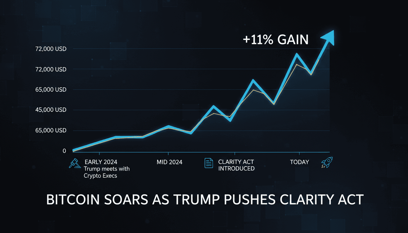 A chart illustrating Bitcoin's price surge alongside the Clarity Act legislative timeline.