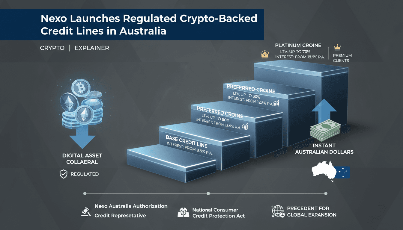 Infographic showing Nexo's crypto-backed credit lines and interest rates in Australia.