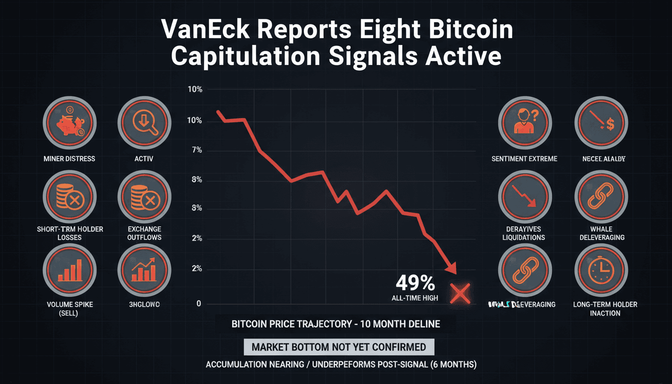 Infographic showing Bitcoin's capitulation signals and price trends.