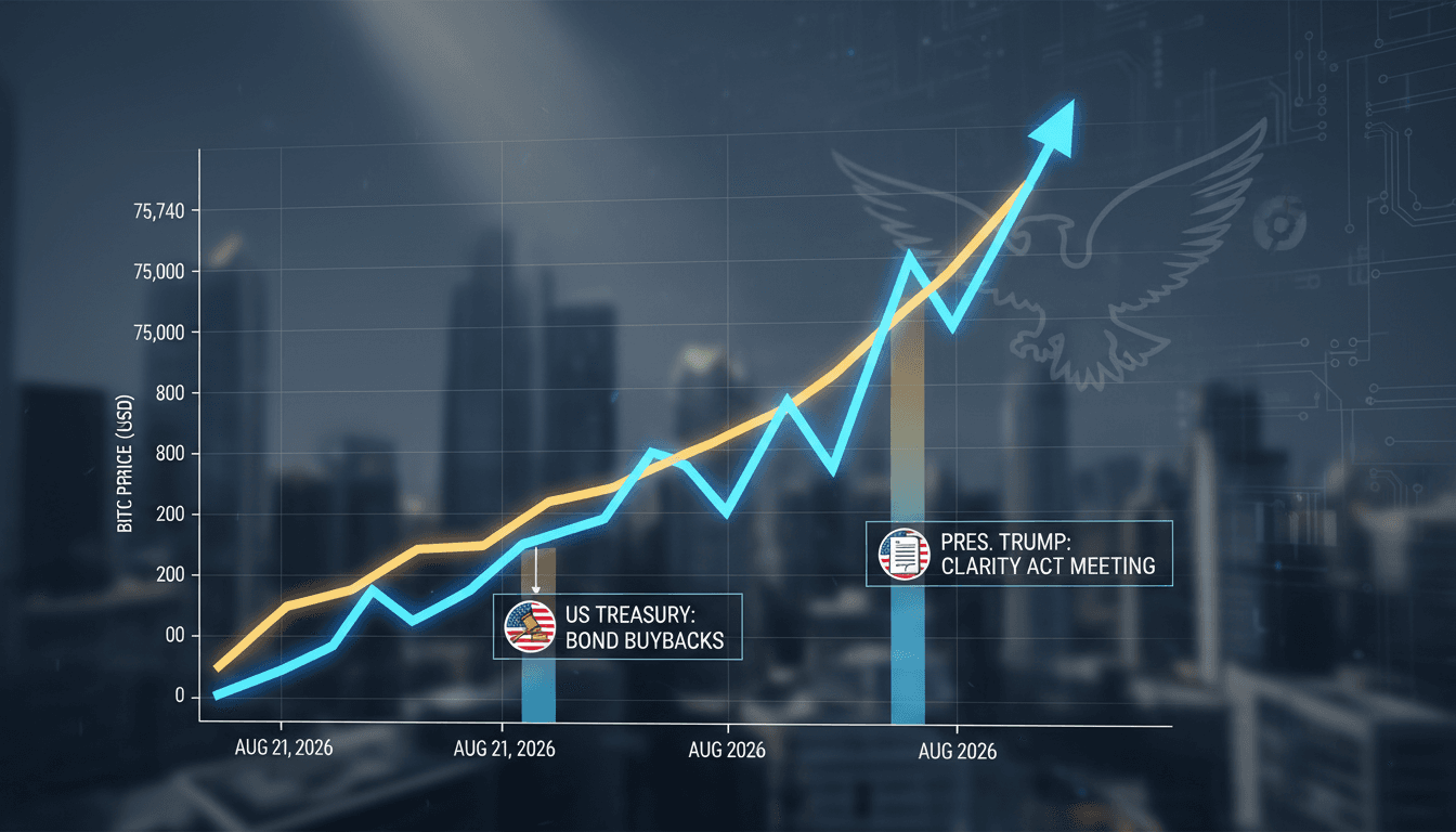 A chart showing Bitcoin's price surge to $75,740, highlighting key US Treasury interventions and legislative actions.