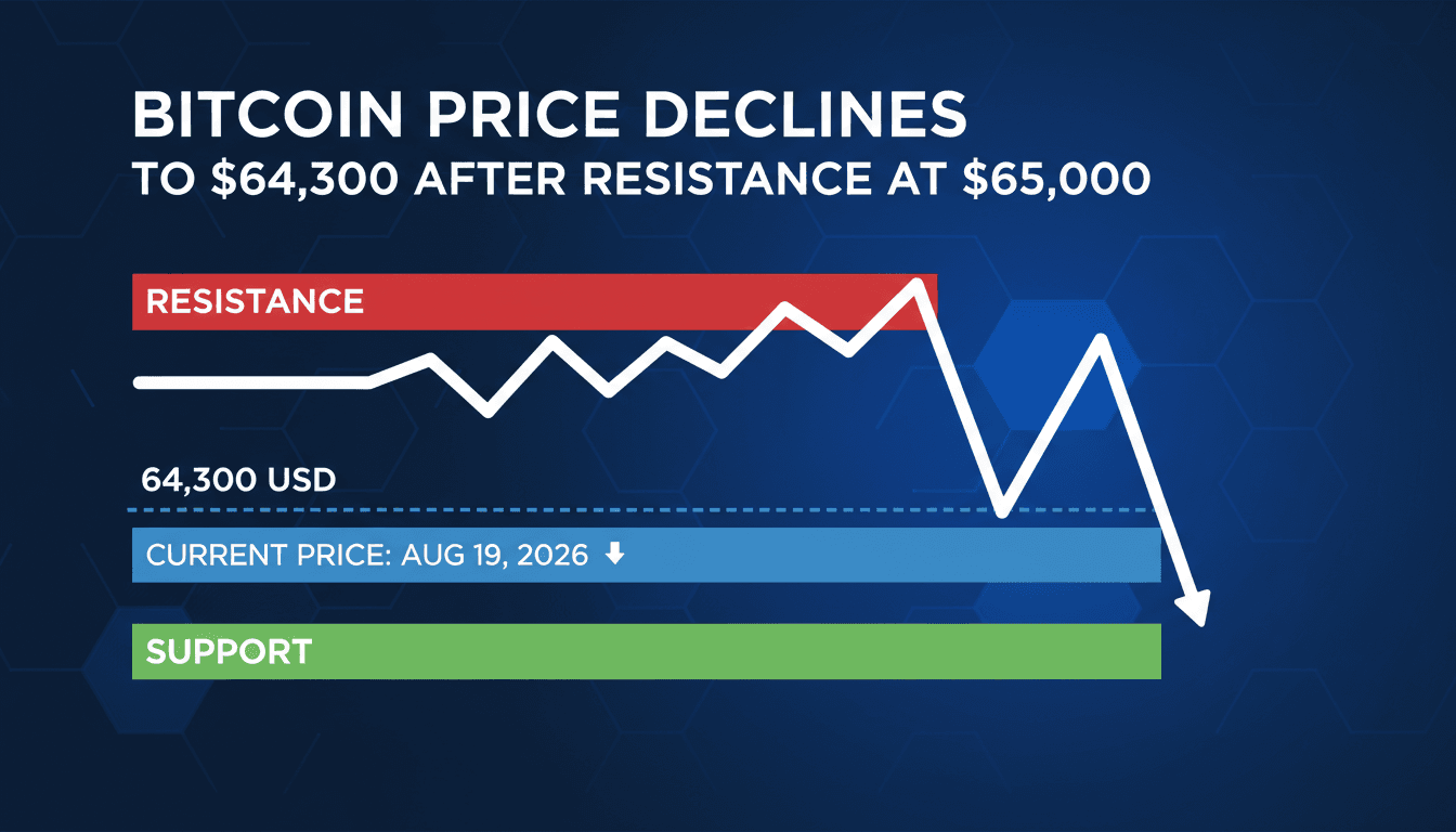 A chart illustrating Bitcoin's price drop to $64,300 with resistance and support levels marked.
