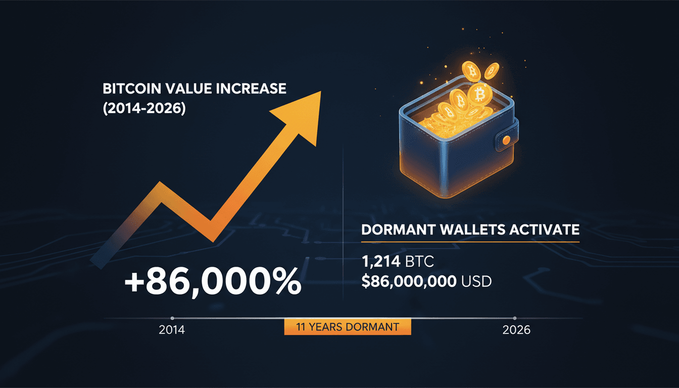Infographic showing Bitcoin wallet transfers and value appreciation from 2014 to 2026.