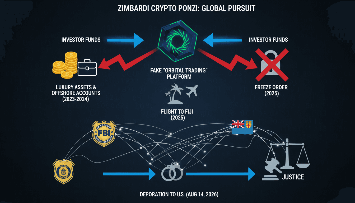 Infographic showing the flow of funds in Edward Zimbardi's Ponzi scheme and details of his deportation.