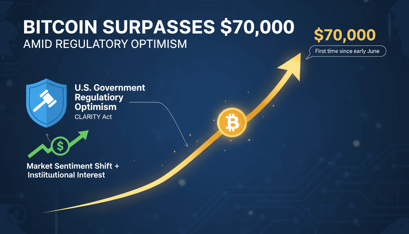 A graph showing Bitcoin's price surge above $70,000 alongside regulatory developments.