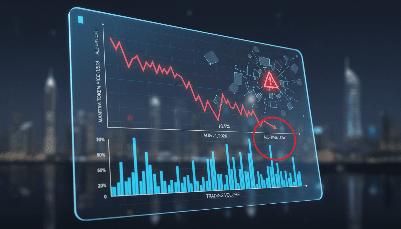A graph illustrating the decline of the MANTRA token and trading volume during the network halt.
