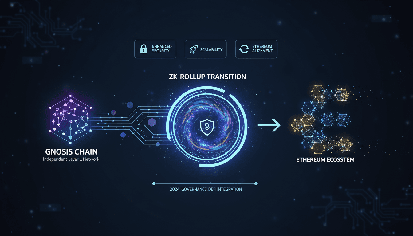 Infographic showing Gnosis Chain's transition to Ethereum ZK-rollup, highlighting benefits and timelines.