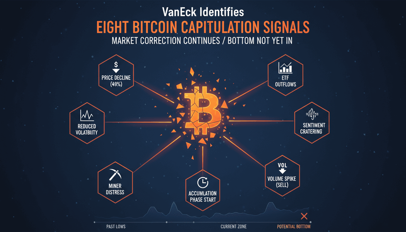 Infographic showing VanEck's eight active Bitcoin capitulation signals and their historical context.