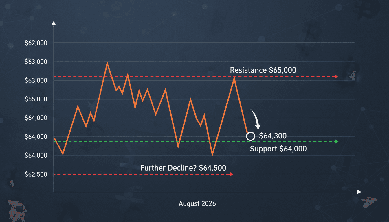 A chart illustrating Bitcoin's price movement, highlighting the $65,000 resistance and $64,300 support levels.