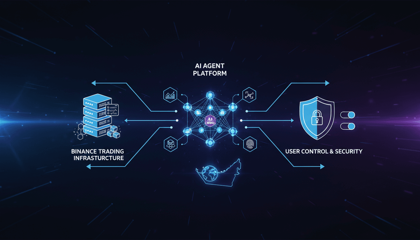 Infographic showing AI integration with Binance trading infrastructure and user control features.