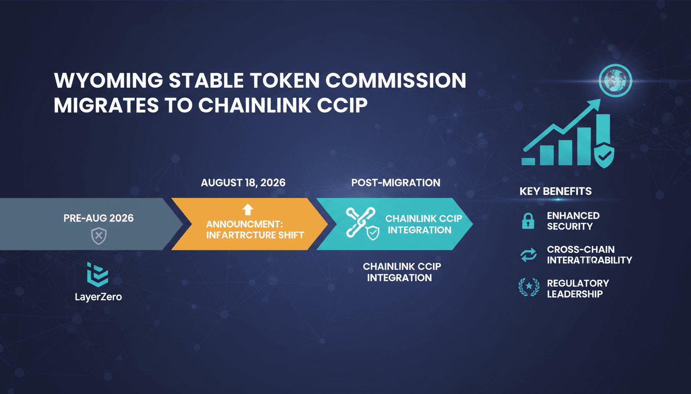 Infographic illustrating the migration of Wyoming's Frontier Stable Token to Chainlink CCIP, highlighting security and operational benefits.