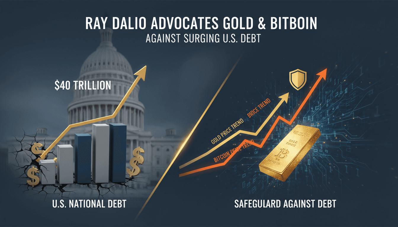 A graph showing the rise of Bitcoin and gold prices against the backdrop of increasing U.S. federal debt.