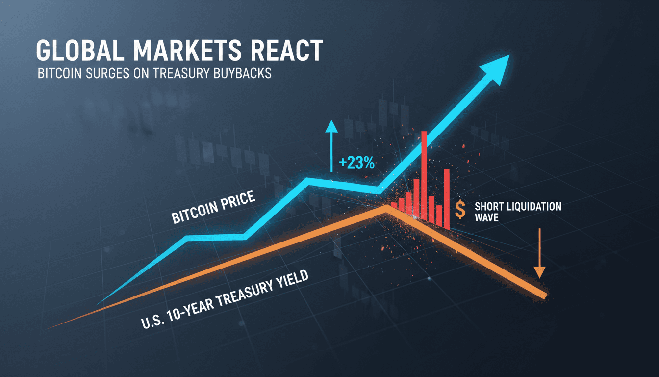 A chart showing Bitcoin's price surge alongside Treasury bond yield changes and short liquidations.