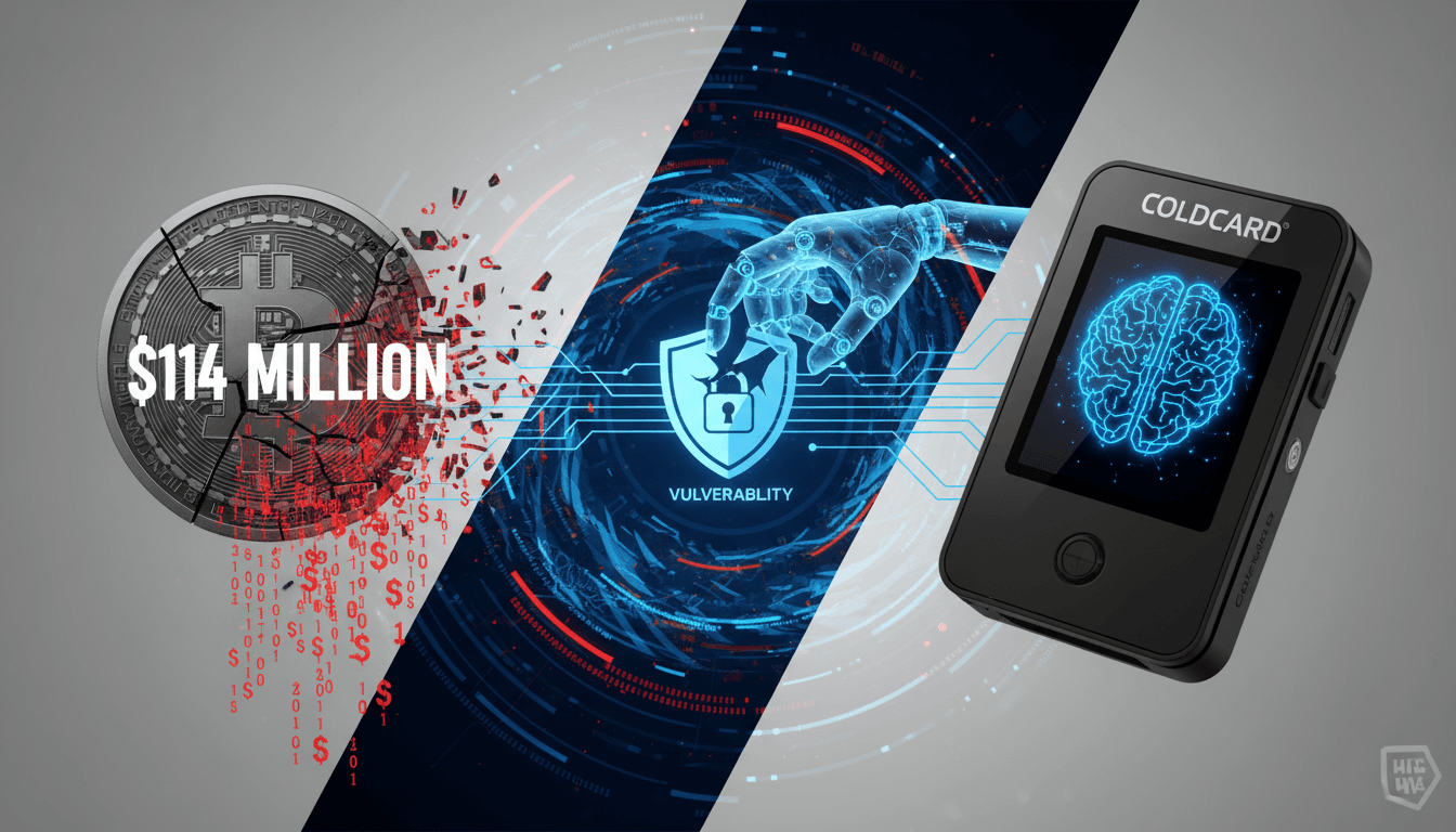 A Coldcard wallet with a digital security theme, highlighting the $114 million bitcoin theft and AI involvement.