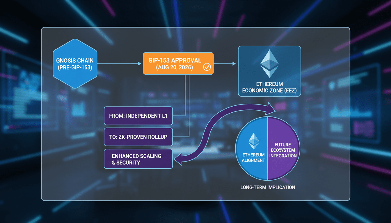 A flowchart showing Gnosis Chain's transition to a ZK-proven Ethereum rollup, highlighting key features and timelines.