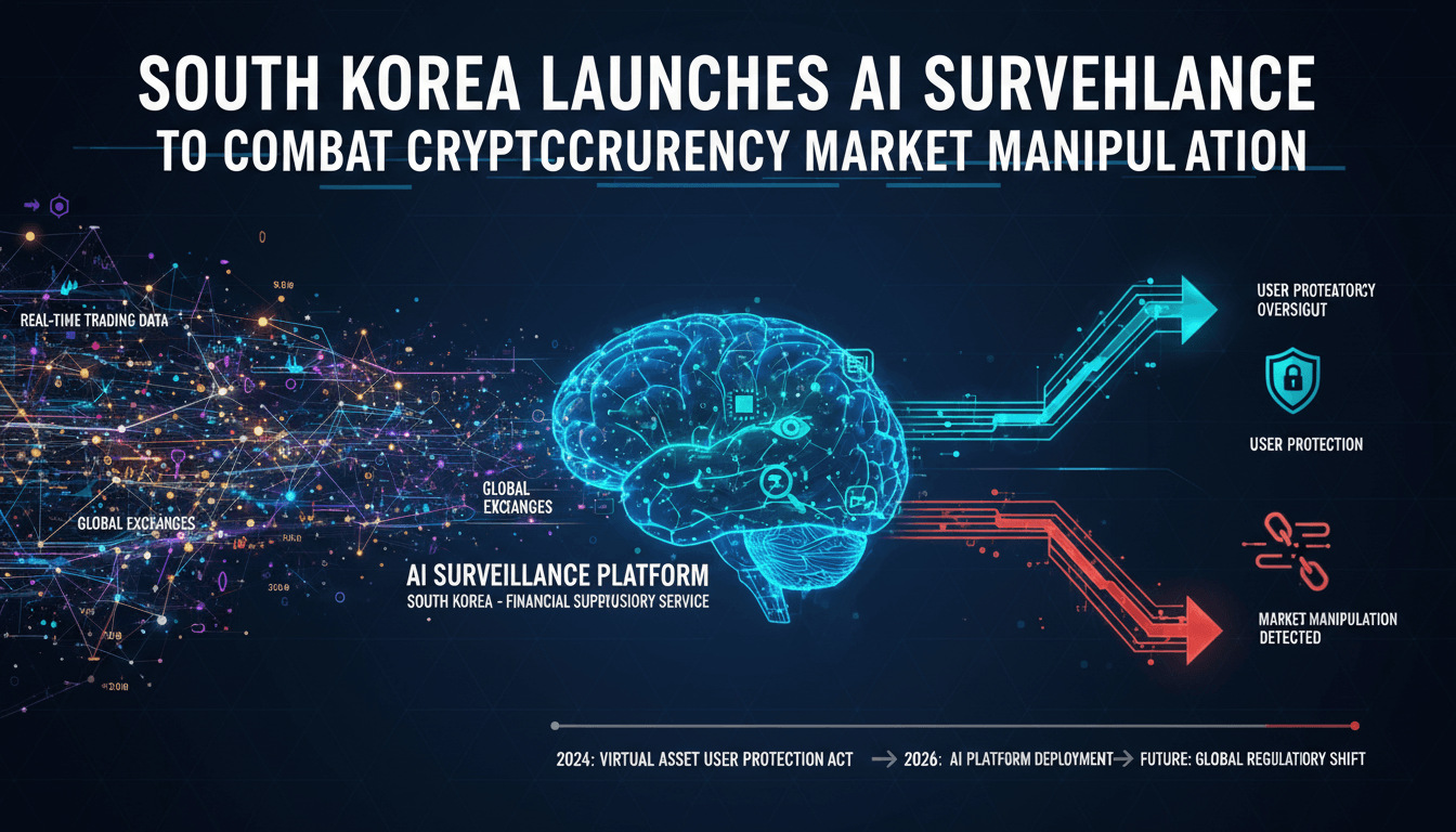 Infographic showing South Korea's AI surveillance system for cryptocurrency market manipulation and its implications.