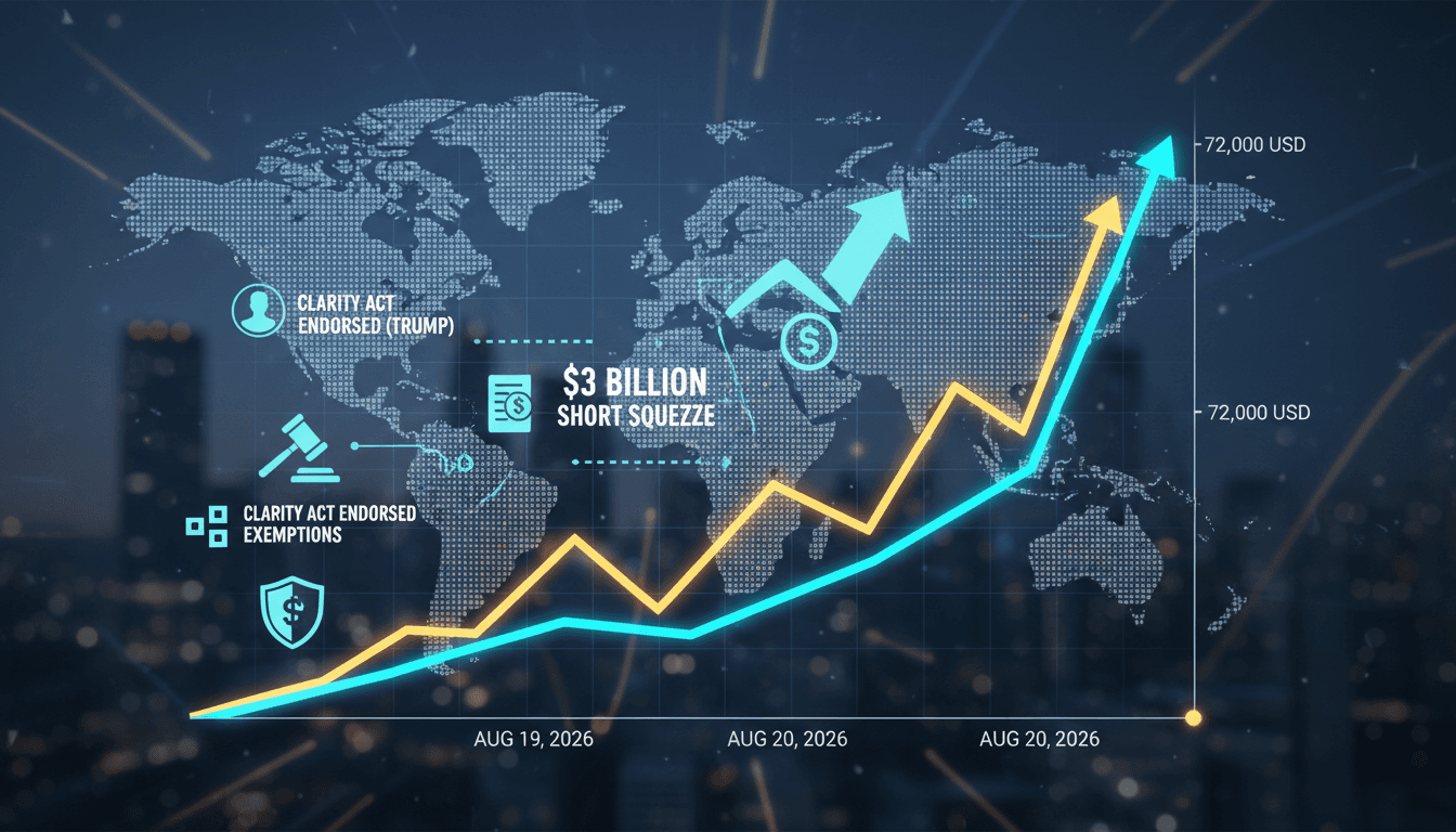 A chart showing Bitcoin's price surge past $72,000 alongside regulatory developments in the crypto market.